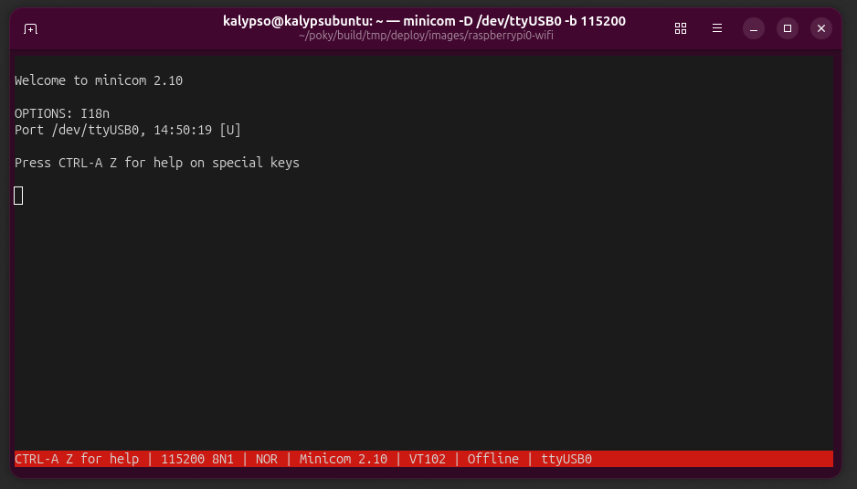 screenshow of minicom before plugging in pi.