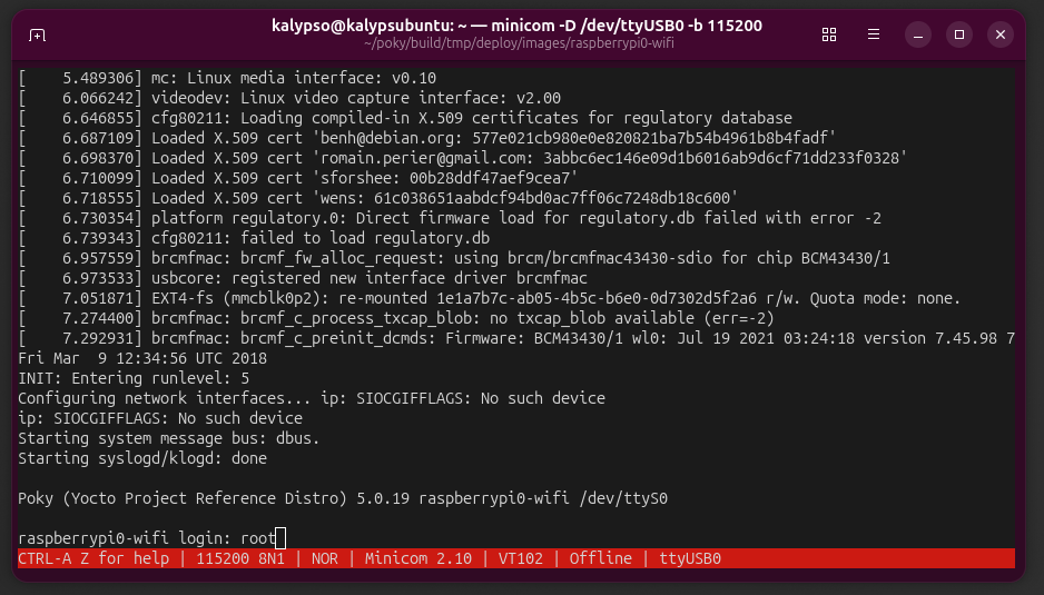 screenshow of minicom after plugging in pi and entering root in the login.