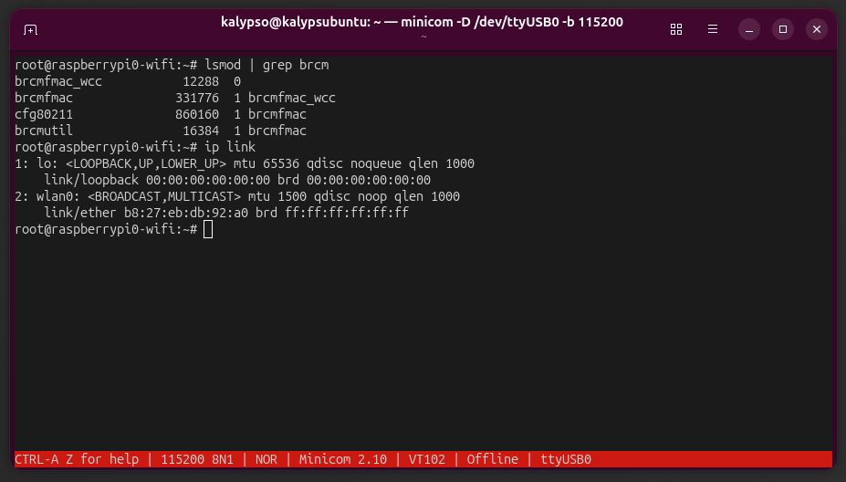 screenshow of minicom verifying wifi drivers.