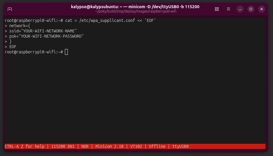 screenshow of minicom setup wpa_supplicant file.