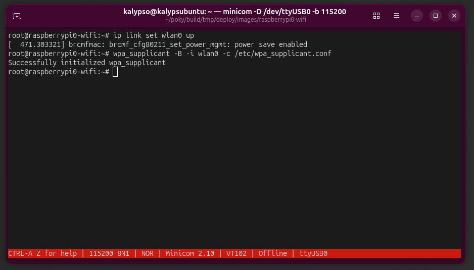 screenshow of minicom initializing wpa_supplicant.