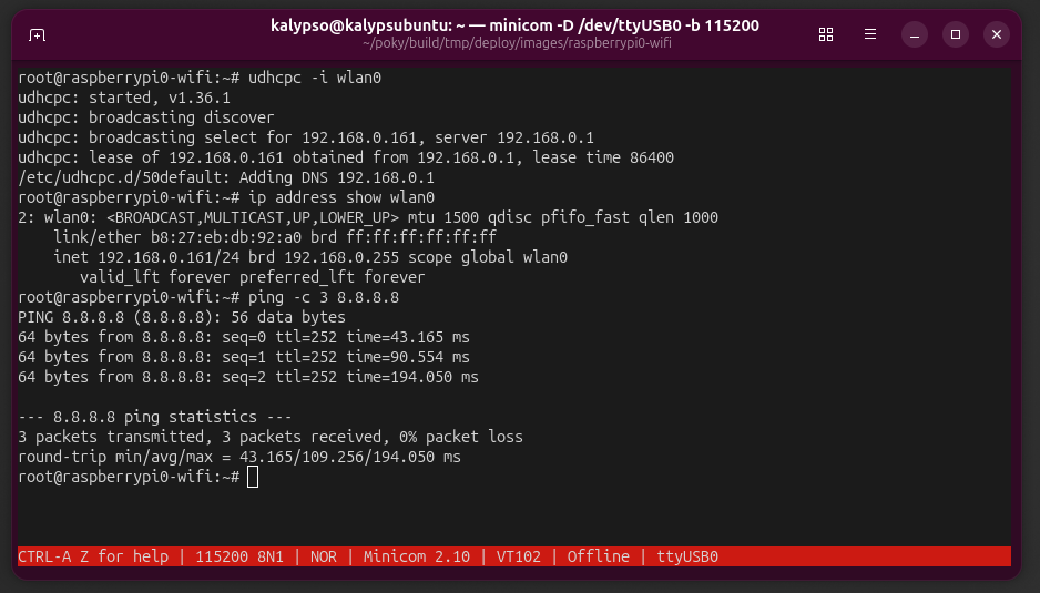 screenshow of minicom showing output of ip address requests.
