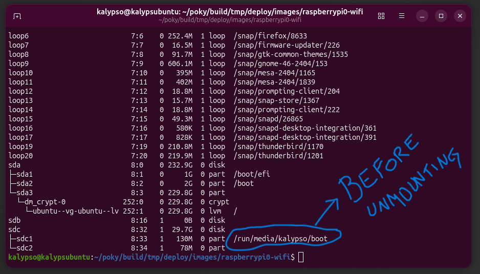 screenshot from linux's terminal showing the output lsblk, showing the device's mount point.
