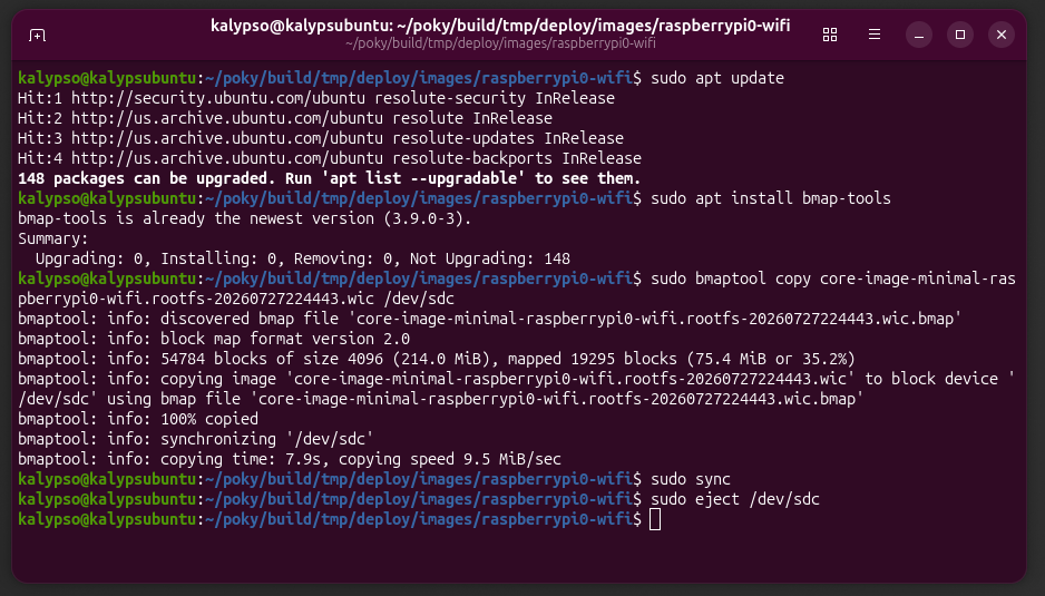screenshot from linux's terminal showing the output the commands listed above to flash the microSD and eject safely.