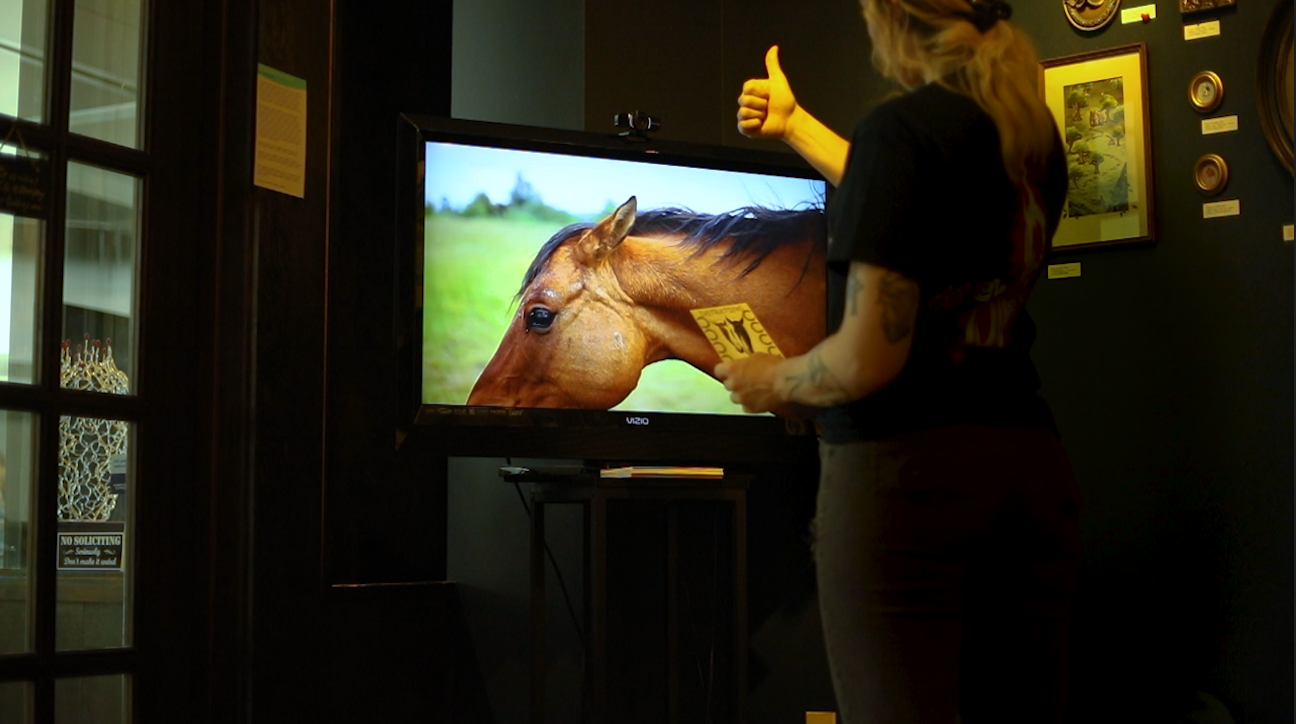 a person giving a thumbs up to a tv playing a video of horses.