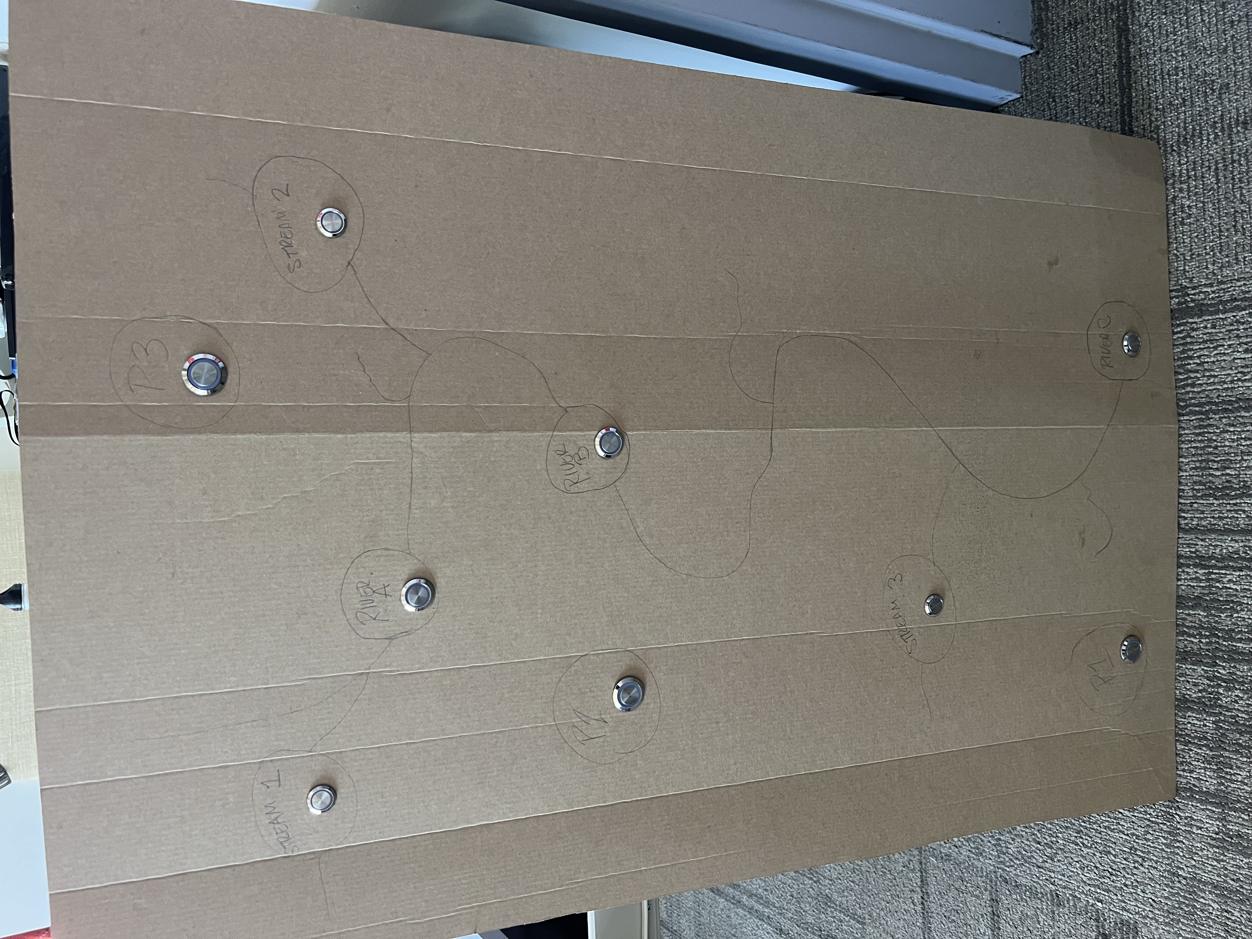 a prototype of the project, a large piece of cardboard with buttons in it and penciled in streams and rivers.
