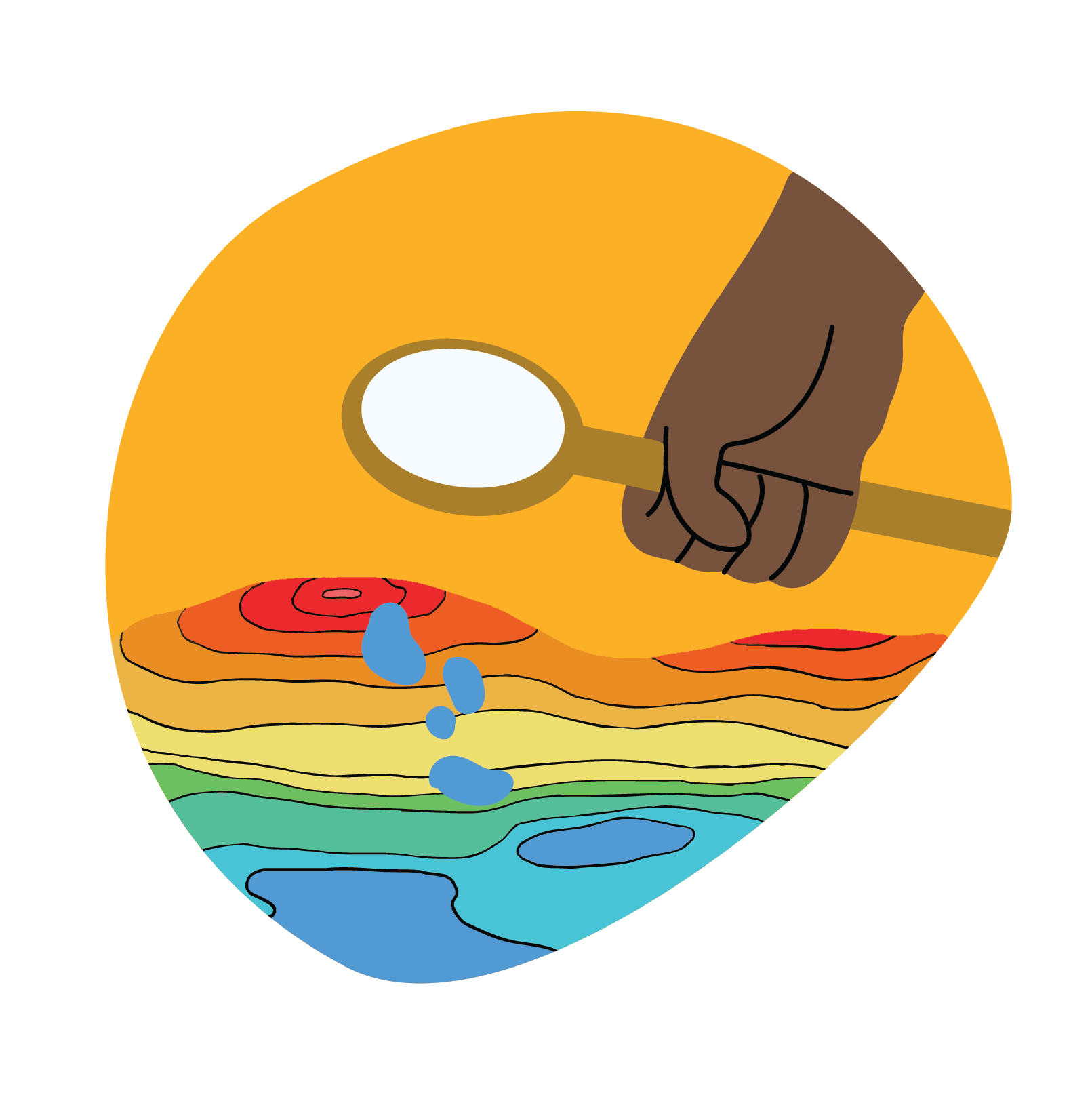 a graphic displaying a user holding a stick with a circle on the end to trigger rain over the mountain created in the augmented reality sandbox.